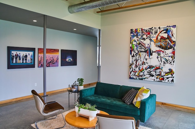 Office space waiting room with modern art and decor