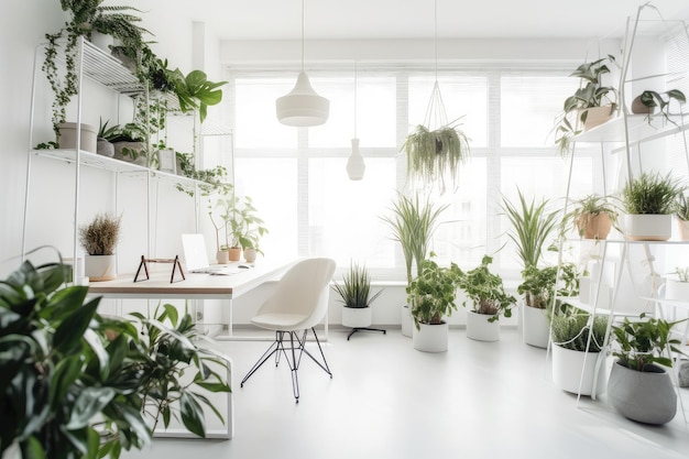 An office space with indoor plants natural light and minimalist decor created with generative ai