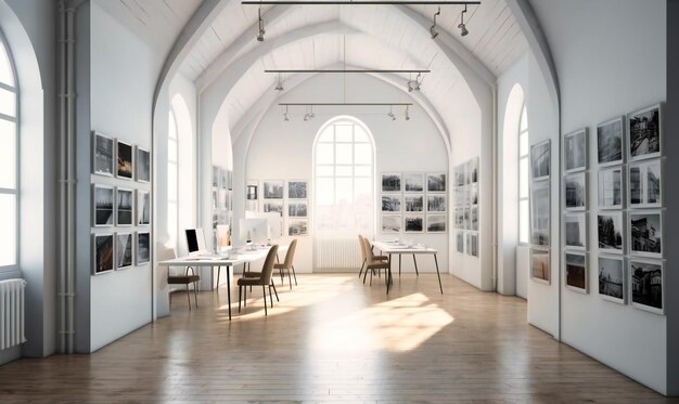 Office space with many poster boards hanging above