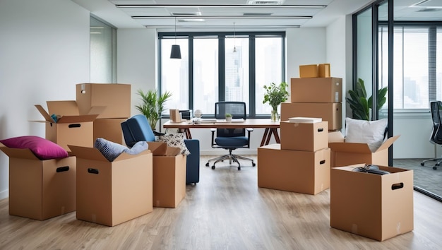 Office space with moving boxes and supplies representing a fresh start and organization