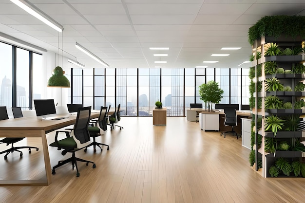 Office space with plants and a large window with a view of the city.