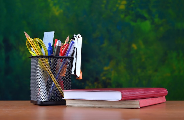 Office stationery on wooden table