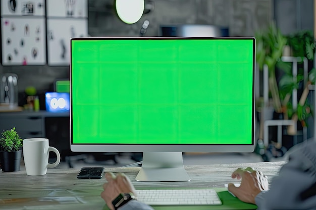 Photo office studio employee working with green screen