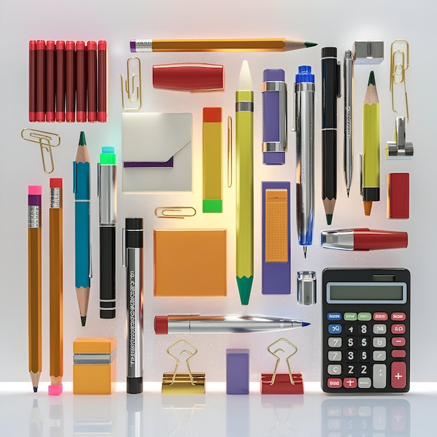 Photo office supplies arranged isolated in white background