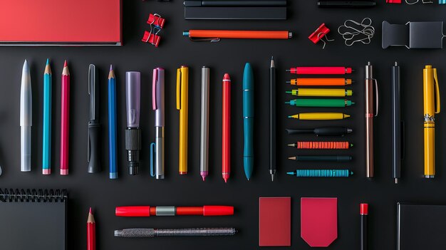 Photo office supplies on black background top view flat lay