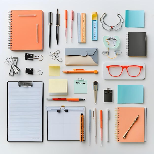 office supplies and stationery items Aranged in a Visually Captivating Flat Lay Composition