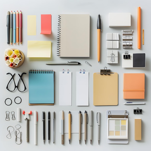 office supplies and stationery items Aranged in a Visually Captivating Flat Lay Composition