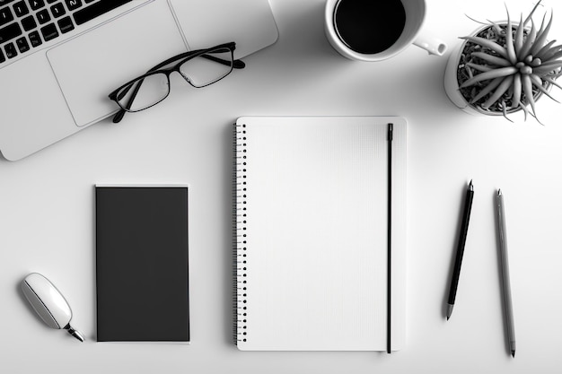 Office supplies on white desk Copies Above Notebook mockup BW Panorama