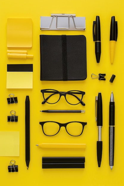 Photo office supplies on yellow surface