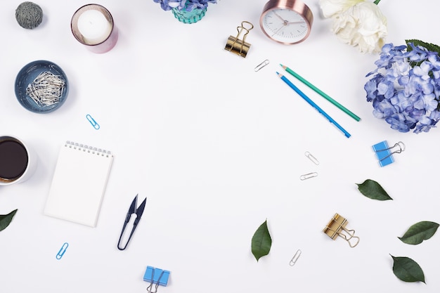 Office table desk. stationary on white background. Flat lay. Top view.