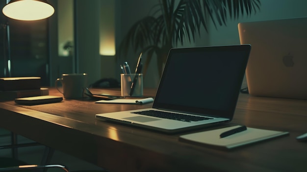 Office table with blank notepad and laptop Generative AI