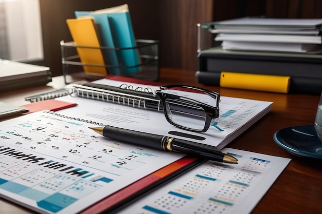 Photo office table with document trays and desk calendar