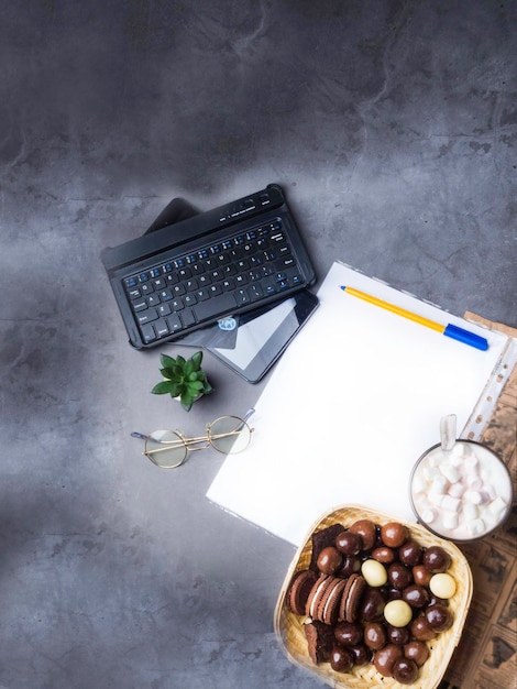 Office table with supplies Flat lay Business workplace and objects Top view Copy space for text