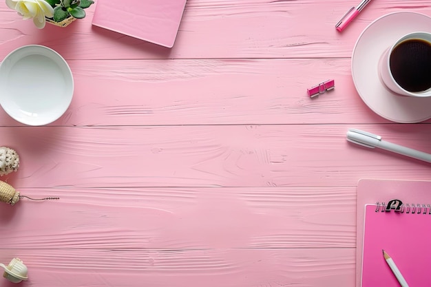 Photo office table with workspace and office accessories on pink wooden background