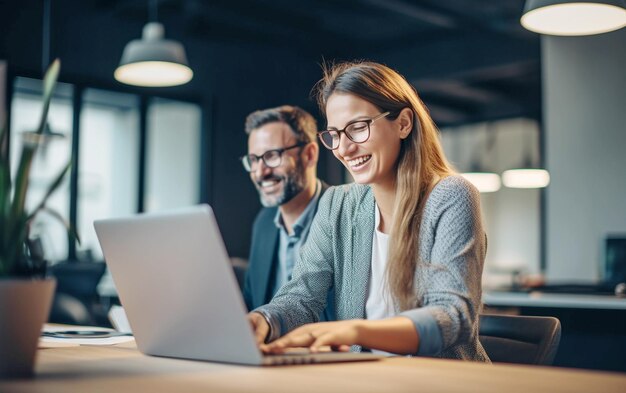 Office Team Collaboration Smiling Business People with Laptop