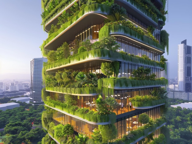 An office tower surrounded by lush greenery and vertical gardens with cascading water features