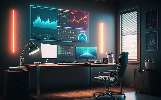 office with big monitor showing chart share with colorful neon light