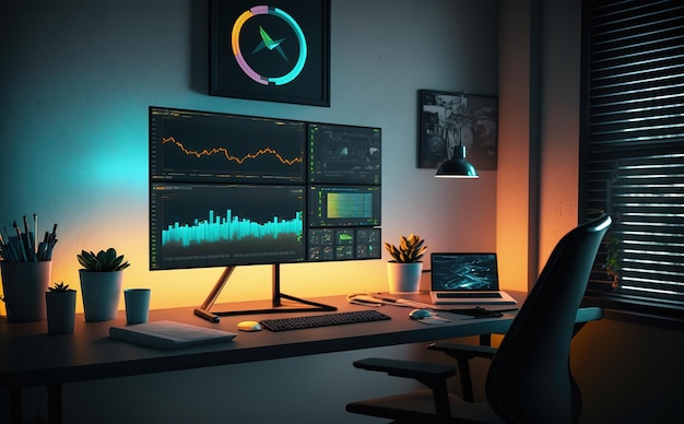 office with big monitor showing chart share with colorful neon light