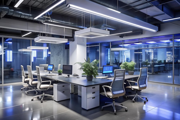 an office with a desk and chairs with a monitor on it