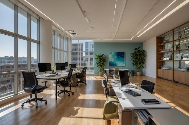 an office with a desk and a monitor on the desk