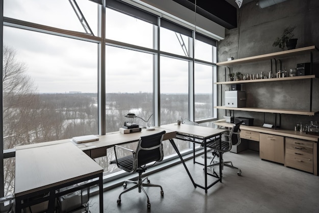 Office with ergonomic furniture and natural daylight in the background created with generative ai