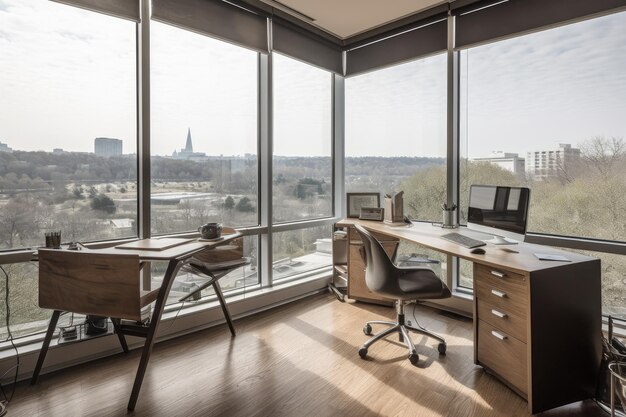 Office with ergonomic furniture natural light and inspirational view created with generative ai