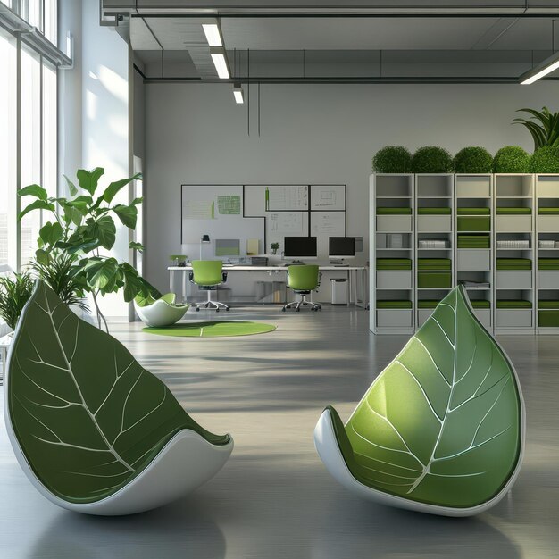 Photo office with leafshaped furniture green workplace design 3d illustration