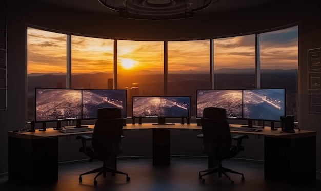 Office with long table and computers on it Room with panoramic windows and cityscape with sunset Generative AI