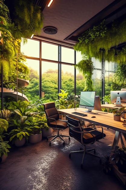 Office with lot of plants on the wall and computer on the desk Generative AI