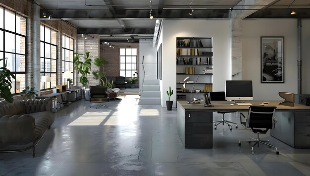 Office With Open Space And White Walls In The Style Of Dark Themes Vista Windows Industrial Theme