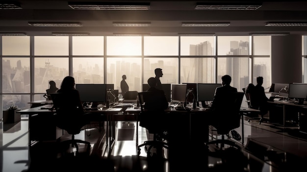 Office with silhouettes of people working on computer sunrise AI generative