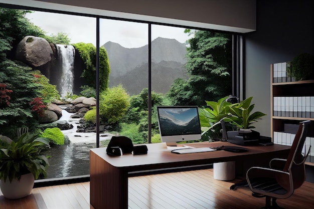 Office with view of a lush green garden with cascading waterfalls created with generative ai