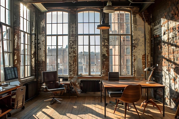 An Office With Windows Chairs And Wooden Furniture