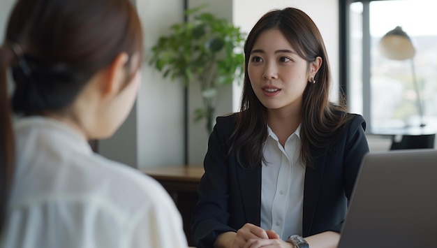 office woman talking business at a table