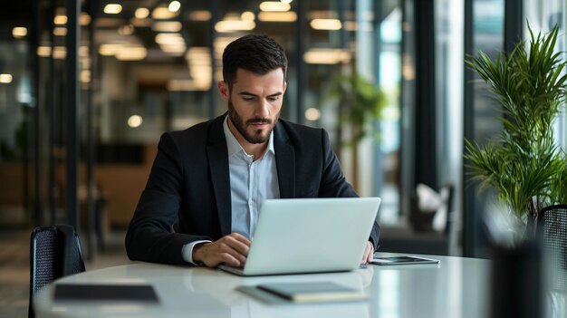 Office worker in a business suit typing on a laptop with a focused expression at a modern openplan