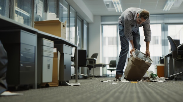 Photo an office worker cleaning up a workspace leaning over to pick up trash on the floor amidst various office furniture