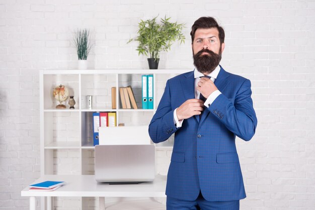 Office worker formal suit. Modern business. Business consulting services. Developing business. Making career. Boss in office. Man beaded hipster launched startup project. Company owner. Ceo concept.