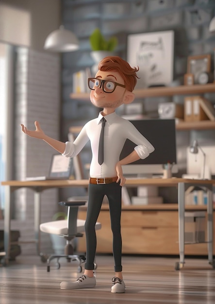 Office worker gesturing 3D animation cartoon render modern office setting