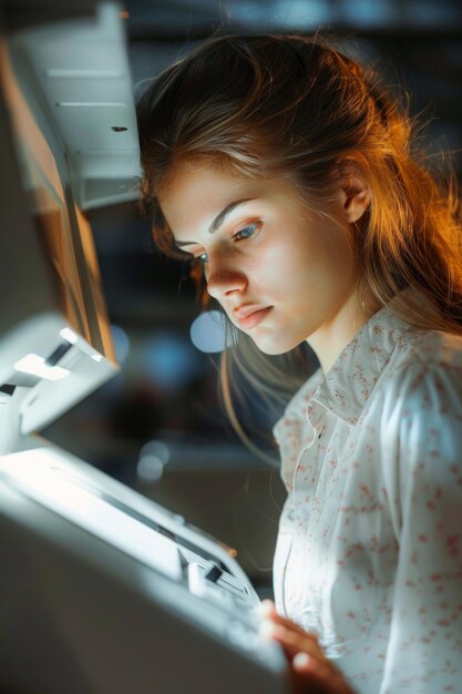 Photo office worker girl using copy machine generative ai