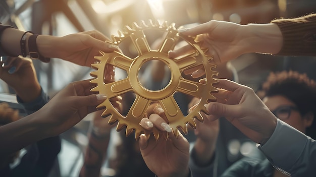 Office worker holding a cogwheel symbolizing unity and teamwork in a corporate setting