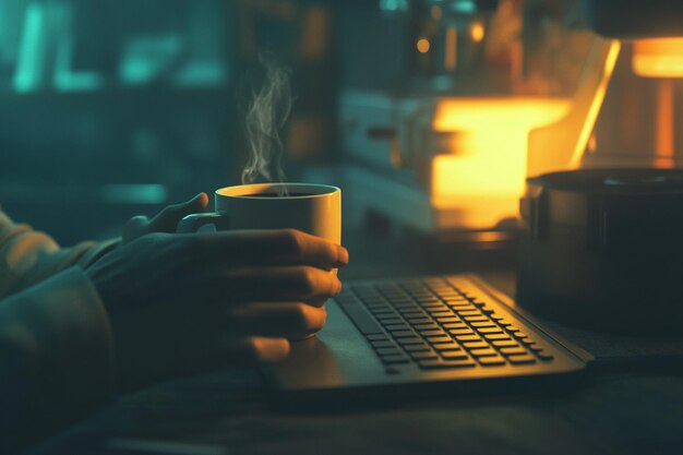 Office worker holding a cup of coffee while typing