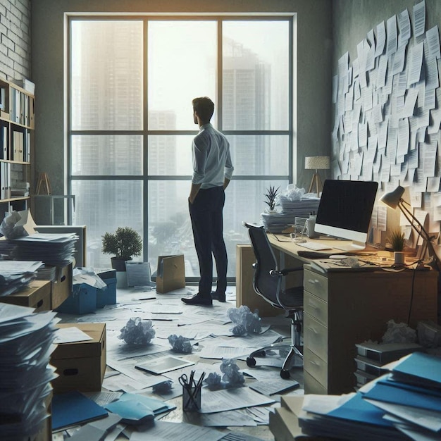 Photo office worker looking out the window