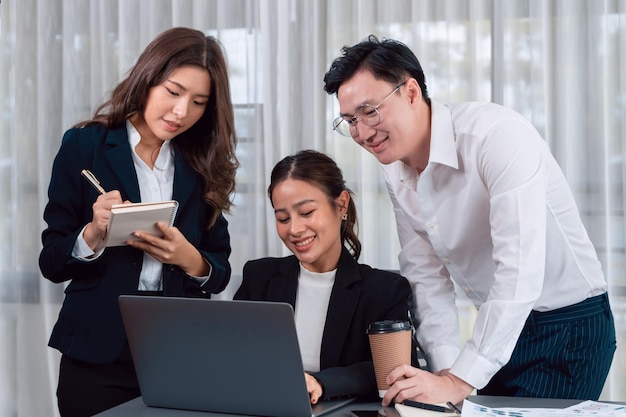 Office worker and manager analyze financial report paper in harmony workplace