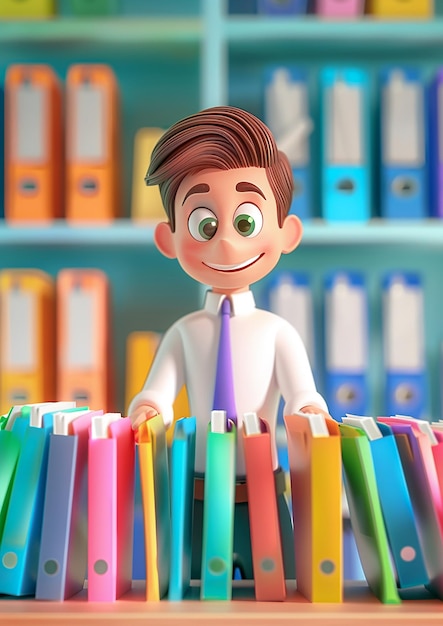 Office worker organizing files 3D animation cartoon render professional setting