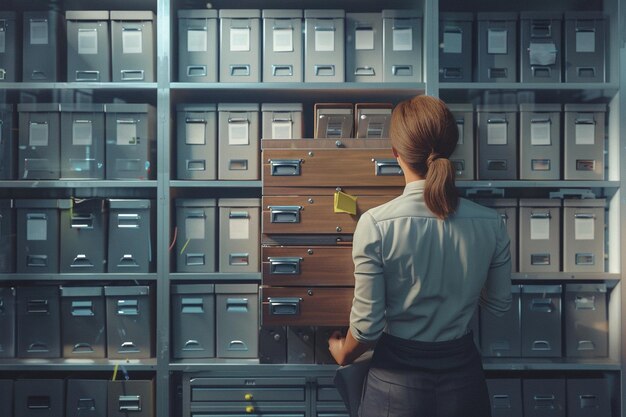 Office worker organizing files in filing cabinet o