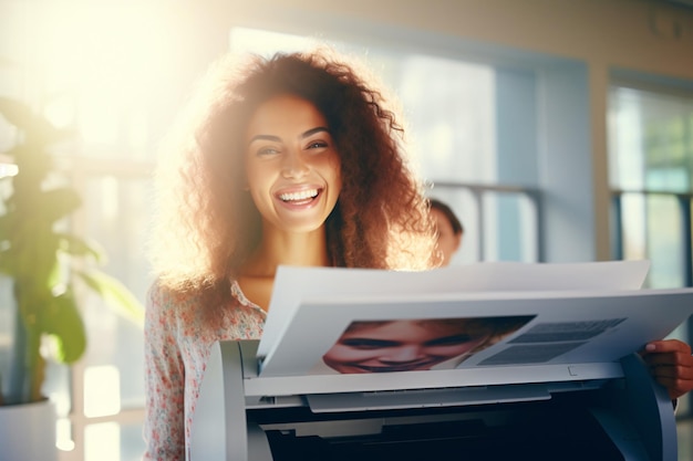 Office worker prints paper on multifunction laser printer Document and paperwork concept Secretary