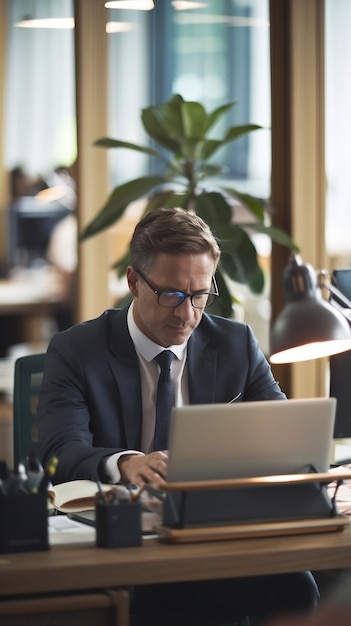 An office worker researching at a background