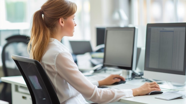 Photo office worker sits at a computer in a companys office processing documents and performing work duties