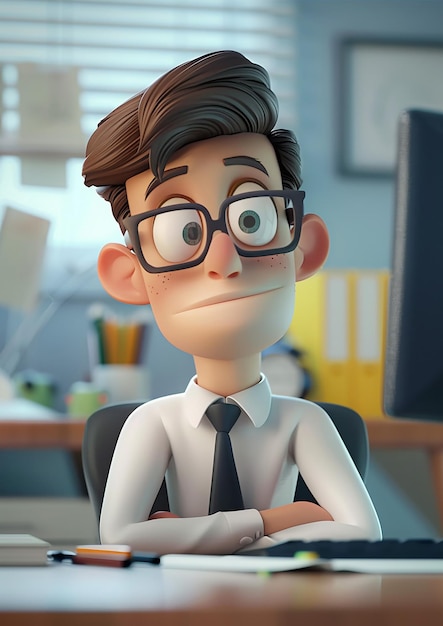 Office worker thinking 3D animation cartoon render professional setting