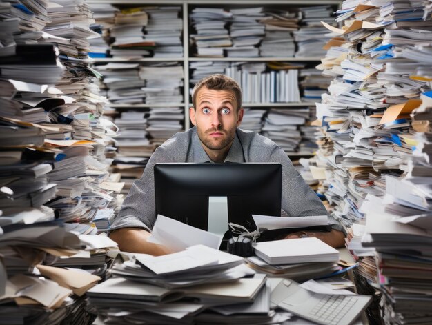 Photo office worker typing furiously on a computer keyboard surrounded by stacks of paperwork